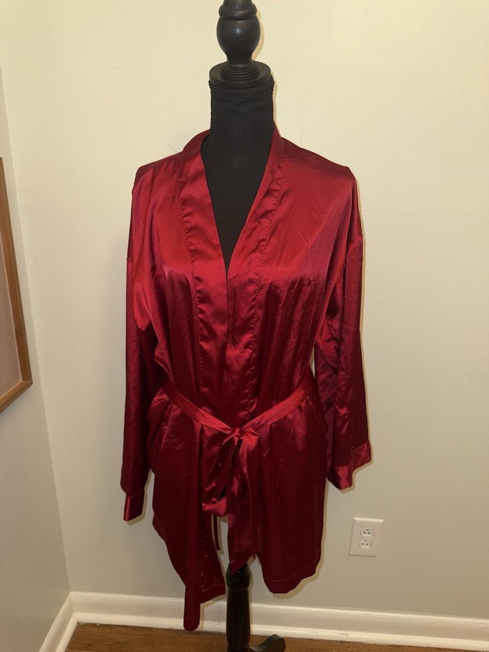 Victoria's Secret Red Satin Fleece Lined Pockets Belted Long Robe One Size